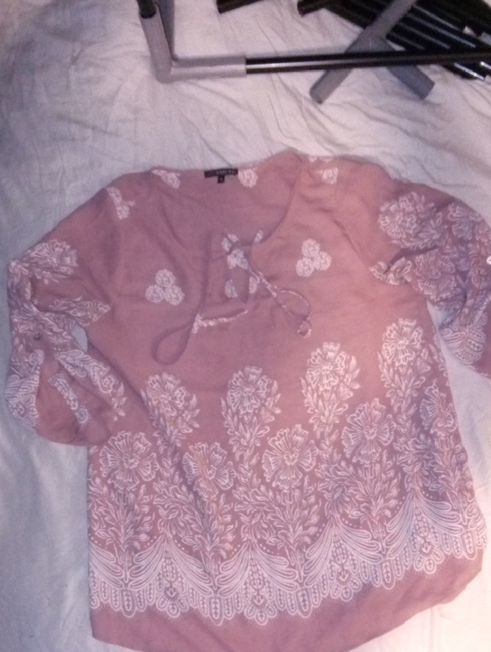 Mauve Pink Boho Lace-Print Tie-Neck Blouse